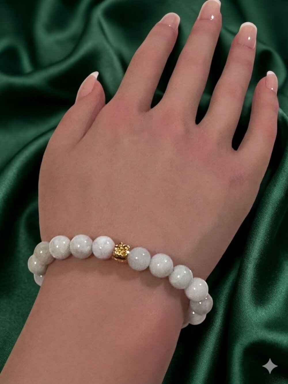 18K Solid Gold Money Bag Lucky Charm Bracelet Natural Jade & Clear Quartz Lotus - Picture 3 of 4